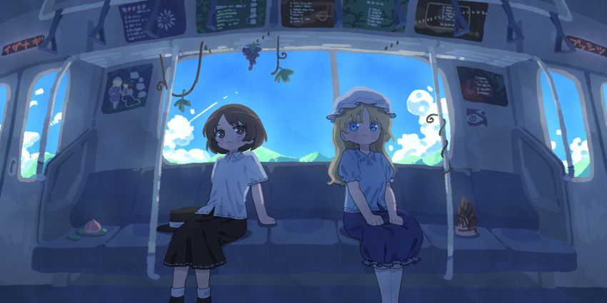 2girls ad arm_support bamboo_shoot black_footwear black_headwear black_skirt blonde_hair blue_eyes blue_skirt blush_stickers bright_pupils brown_hair closed_mouth cloud collared_shirt commentary day feet_out_of_frame food fruit hat hat_removed headwear_removed highres kneehighs long_hair maribel_hearn mob_cap mountainous_horizon multiple_girls nama_udon peach red_eyes ribbon-trimmed_skirt ribbon-trimmed_sleeves ribbon_trim shirt short_hair short_sleeves sitting skirt sky smile socks touhou train_interior usami_renko white_headwear white_pupils white_socks wide_shot window