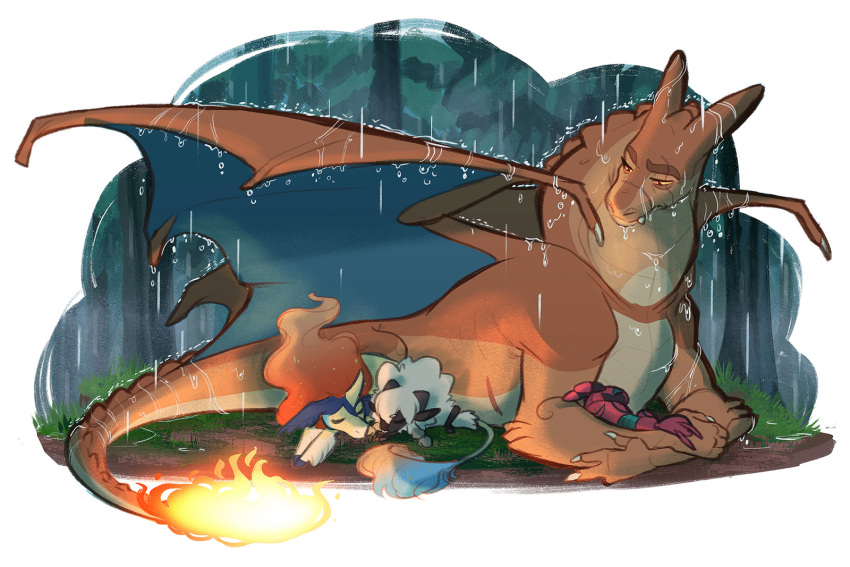 ambiguous_gender charizard earthsong9405 feral fire forest generation_1_pokemon generation_5_pokemon generation_8_pokemon grass group hi_res keldeo legendary_pokemon male nintendo outside plant pokemon pokemon_(species) raining scar size_difference sleeping tree venipede video_games wooloo