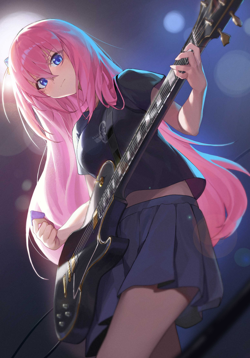 1girl absurdres bangs black_shirt blue_eyes blue_skirt blurry blurry_background blush bocchi_the_rock! breasts closed_mouth commentary_request cube_hair_ornament depth_of_field electric_guitar from_below gotou_hitori guitar hair_between_eyes hair_ornament highres holding holding_instrument instrument long_hair looking_at_viewer looking_down medium_breasts mo_ying_yu one_side_up pink_hair pleated_skirt plectrum shirt short_sleeves skirt solo standing very_long_hair