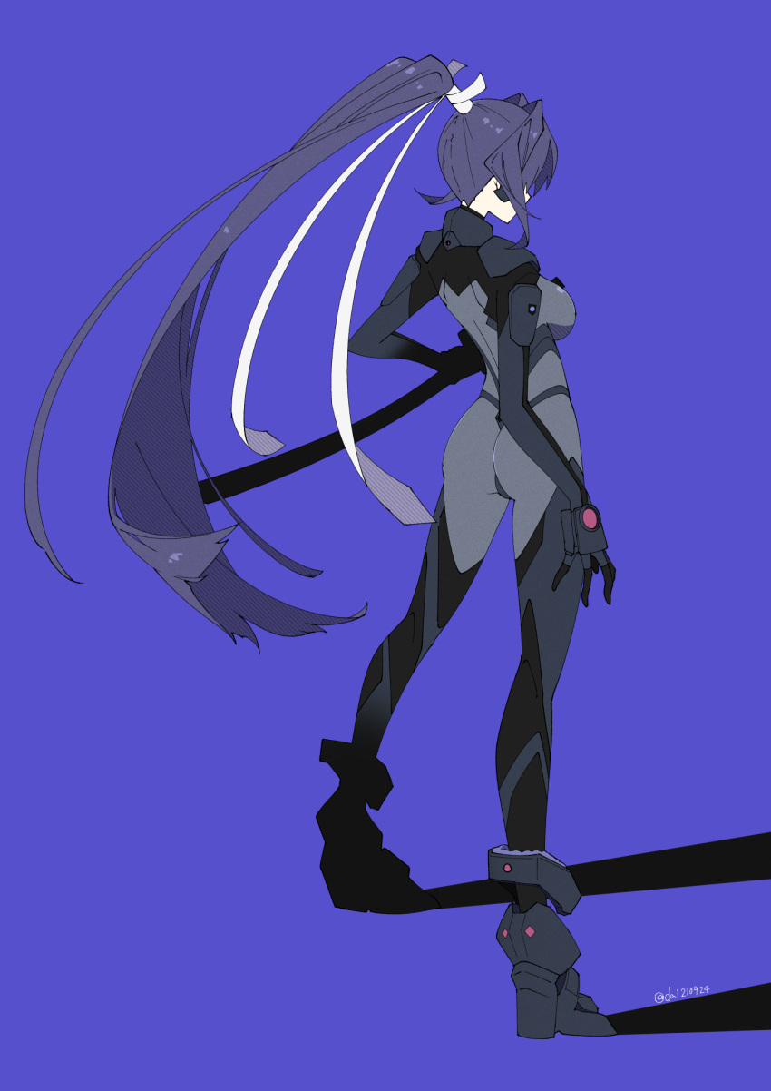 1girl ass black_gloves blue_background bodysuit breasts commentary fortified_suit from_behind full_body gloves grey_bodysuit hair_intakes highres holding holding_sword holding_weapon kamon_rider katana long_hair medium_breasts mitsurugi_meiya muvluv muvluv_alternative muvluv_alternative_(anime) open_hand pilot_suit shadow skin_tight solo standing sword very_long_hair weapon