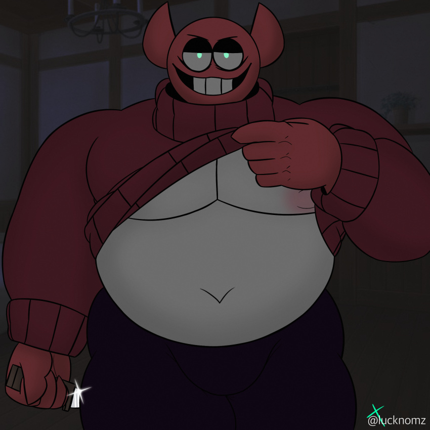 1:1 belly bob_velseb clothing darkness demon glowing glowing_eyes grin hi_res humanoid knife lucknomz male overweight overweight_male pecs smile solo spooky_month sweater topwear weapon