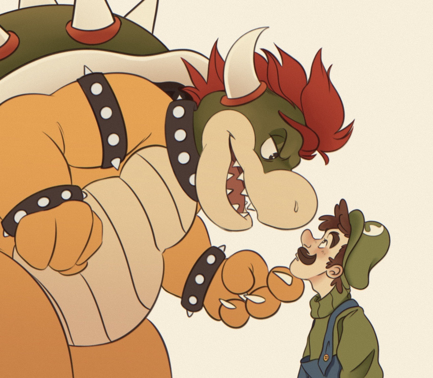 belly blush bowser clothing collar duo eye_contact facial_hair hair hat headgear headwear hi_res human koopa looking_at_another luigi male mammal mario_bros mustache nintendo overalls penbwl red_hair scalie sharp_teeth shell size_difference spiked_collar spikes teeth video_games