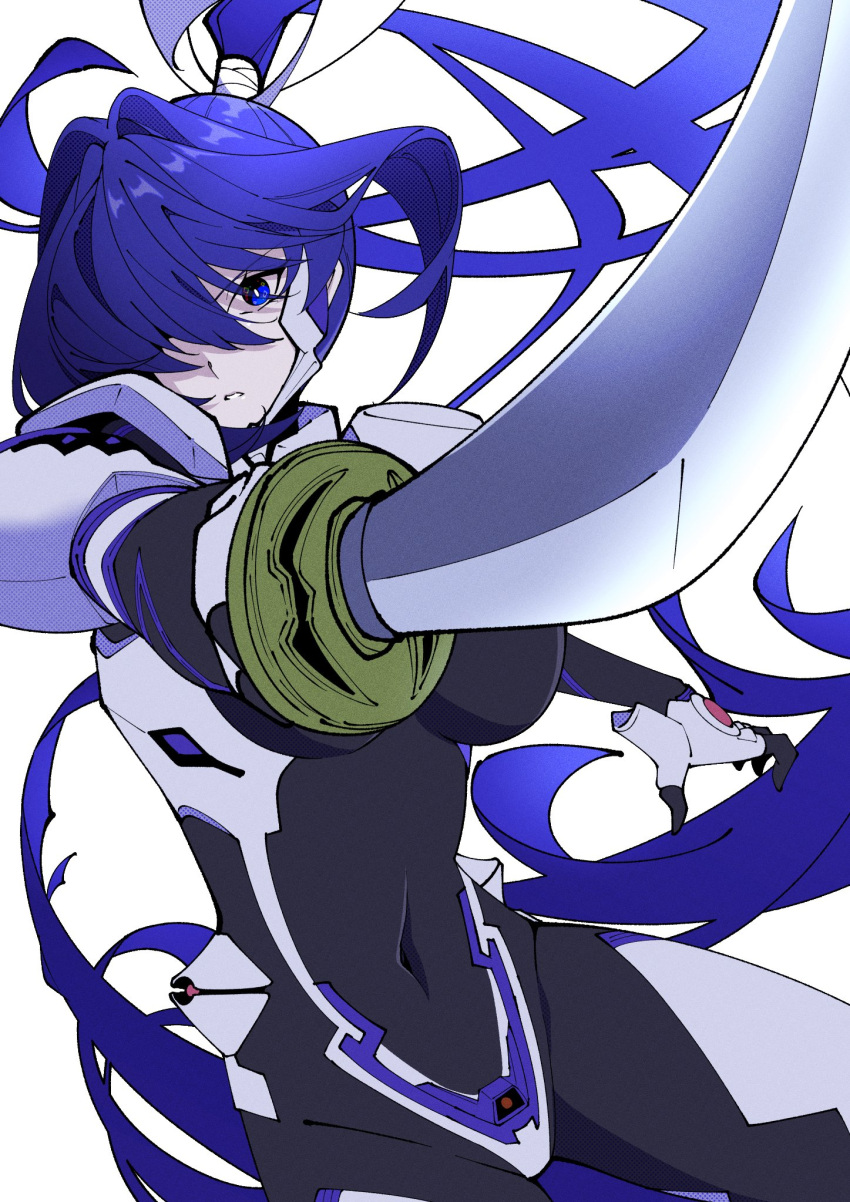 1girl bangs black_bodysuit blue_eyes blue_hair bodysuit breasts bright_pupils covered_navel fortified_suit hair_intakes hair_over_one_eye highres holding holding_sword holding_weapon impossible_bodysuit impossible_clothes kamon_rider katana long_hair looking_at_viewer medium_breasts mitsurugi_meiya muvluv muvluv_alternative one_eye_covered open_hand parted_lips ponytail simple_background skin_tight solo sword very_long_hair weapon white_background white_pupils