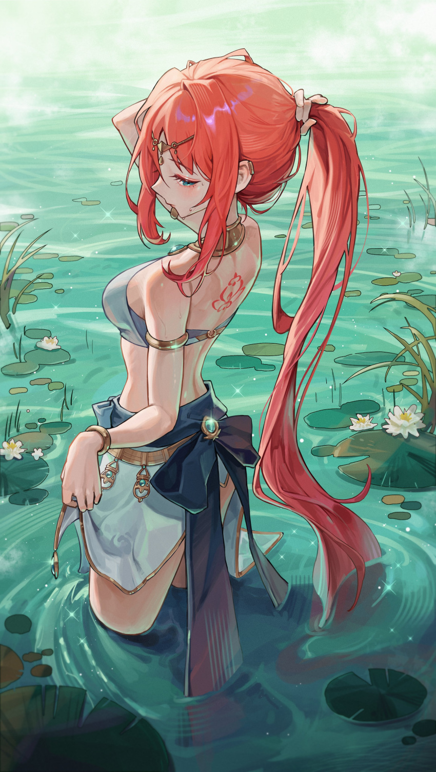 1girl absurdres alternate_hairstyle aqua_eyes arm_up armlet back back_bow back_tattoo bangs bare_arms bare_back bare_shoulders blue_bow blue_skirt blush bow bracelet breasts circlet closed_mouth crop_top earclip expressionless flower from_side genshin_impact half-closed_eyes harem_outfit highres holding holding_hair jewelry large_breasts lily_pad long_hair looking_down midriff nilou_(genshin_impact) no_detached_sleeves no_headwear no_horns outdoors parted_bangs ponytail profile red_hair sidelocks skirt skirt_hold solo sssong_aa standing tattoo thighs very_long_hair vision_(genshin_impact) wading water white_flower