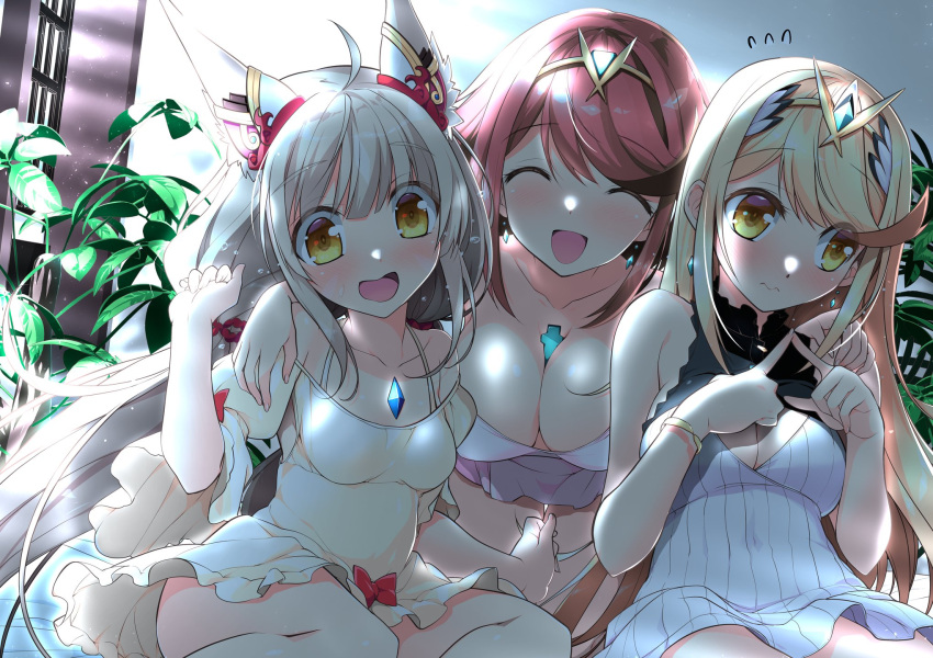 3girls alternate_costume animal_ears blonde_hair breasts cat_ears chest_jewel cleavage dress grey_hair hand_on_another's_shoulder headpiece highres large_breasts multiple_girls mythra_(xenoblade) nia_(blade)_(xenoblade) nia_(xenoblade) pyra_(xenoblade) red_hair smile tiara watsuki_ayamo xenoblade_chronicles_(series) xenoblade_chronicles_2 yellow_eyes