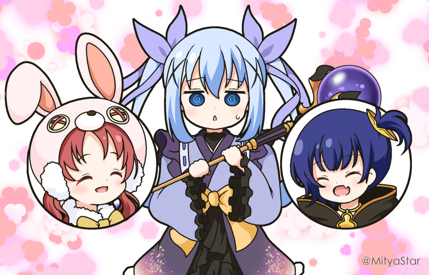 3girls :d @_@ ^_^ animal_ears bangs black_cloak black_skirt blue_eyes blue_hair blue_kimono blush bow chimame-tai cloak closed_eyes commentary_request cosplay fake_animal_ears floral_background frilled_sleeves frills gochuumon_wa_usagi_desu_ka? hair_between_eyes hair_ornament hair_ribbon holding holding_staff japanese_clothes jouga_maya kafuu_chino kimono kyouka_(princess_connect!) kyouka_(princess_connect!)_(cosplay) long_hair long_sleeves low_twintails mimi_(princess_connect!) mimi_(princess_connect!)_(cosplay) misogi_(princess_connect!) misogi_(princess_connect!)_(cosplay) mitya multiple_girls natsu_megumi one_side_up orb parted_lips purple_ribbon rabbit_ears rabbit_hat red_hair ribbon ribbon-trimmed_kimono ribbon_trim skirt smile staff sweat twintails very_long_hair wide_sleeves x_hair_ornament yellow_bow