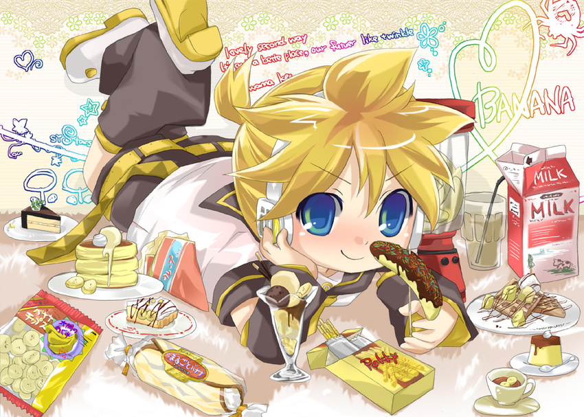 1boy banana blonde_hair blue_eyes boy cake child cookie cookies detached_sleeves eating food fruit glass headset hekicha ice kagamine_len lying male male_focus milk short_hair shorts smile solo vocaloid