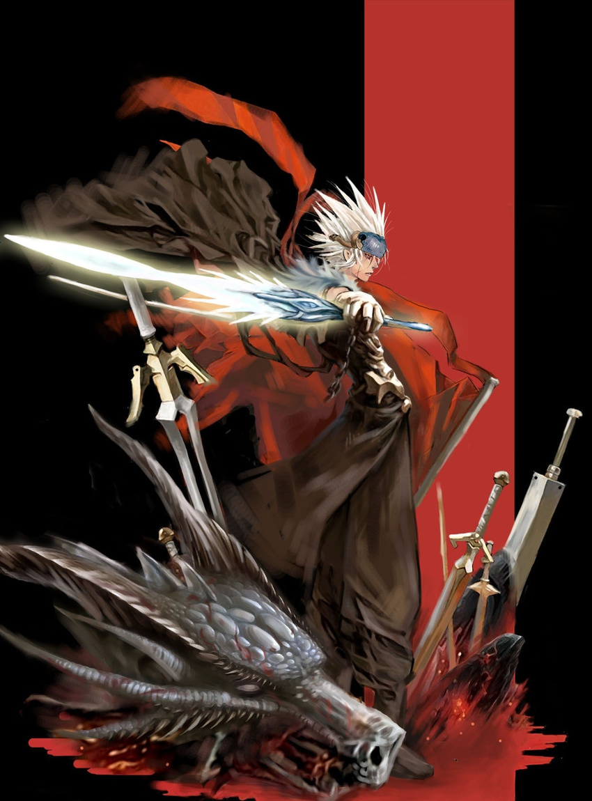 beam_sword blademaster chain chains dfo dragon dungeon_and_fighter dungeon_fighter_online glove gloves highres horns male male_focus slayer slayer_(dungeon_and_fighter) spiked_hair spikey_hair sword swords weapon white_hair