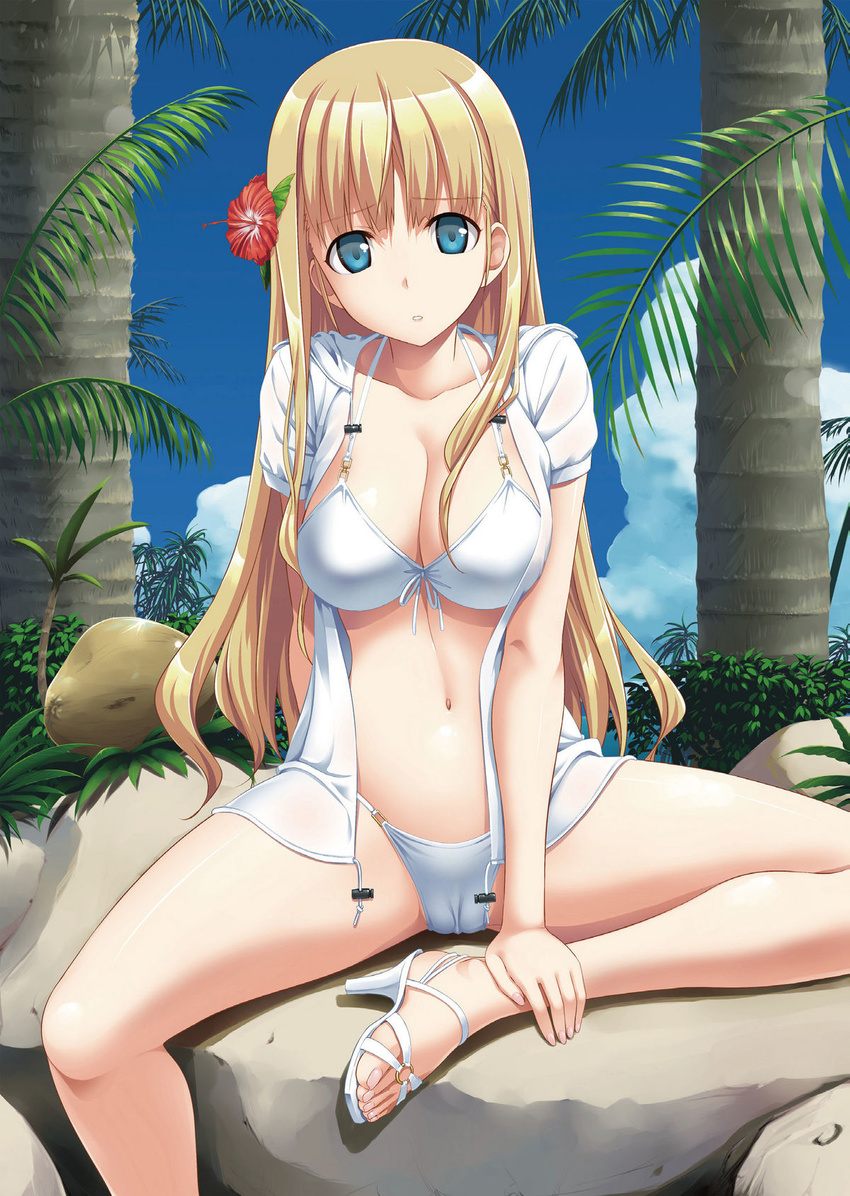 1girl arm_behind_back arm_support bangs bikini blonde_hair blue_eyes breasts cameltoe cleavage cloud coconut collarbone ears feet female fingernails flower front-tie_top hair_flower hair_ornament head_tilt hibiscus high_heels highres hoodie knees large_breasts legs long_hair long_image looking_at_viewer nail_polish navel ocean open_shoes original outdoors palm_tree palm_trees parted_lips pink_nails sandals sea shiny shiny_hair shiny_skin shoes sitting sky solo swimsuit takayaki tall_image thighs toenail_polish toenails toes tree white_bikini