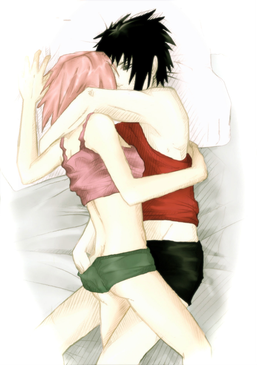 1girl bed black_hair couple groping haruno_sakura hetero highres naruto naruto_(series) pink_hair uchiha_sasuke