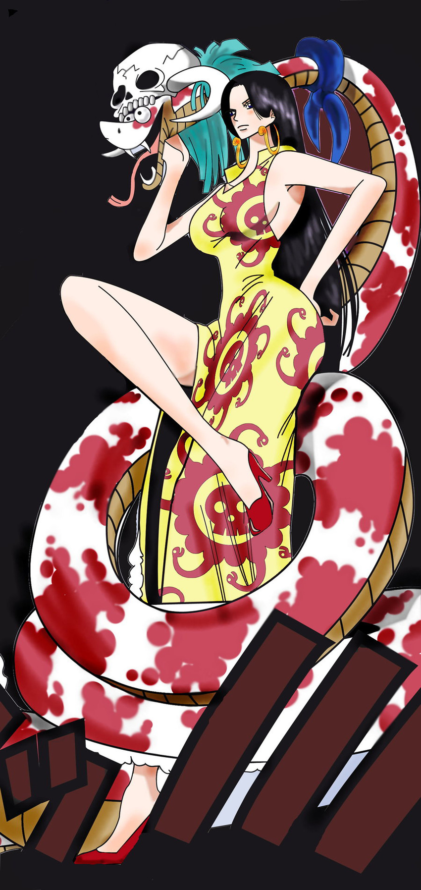 absurdres amazon boa_hancock breasts china_dress chinese_clothes dress female full_body highres long_hair long_image one_piece salome_(one_piece) shichibukai snake solo tall_image yellow_dress