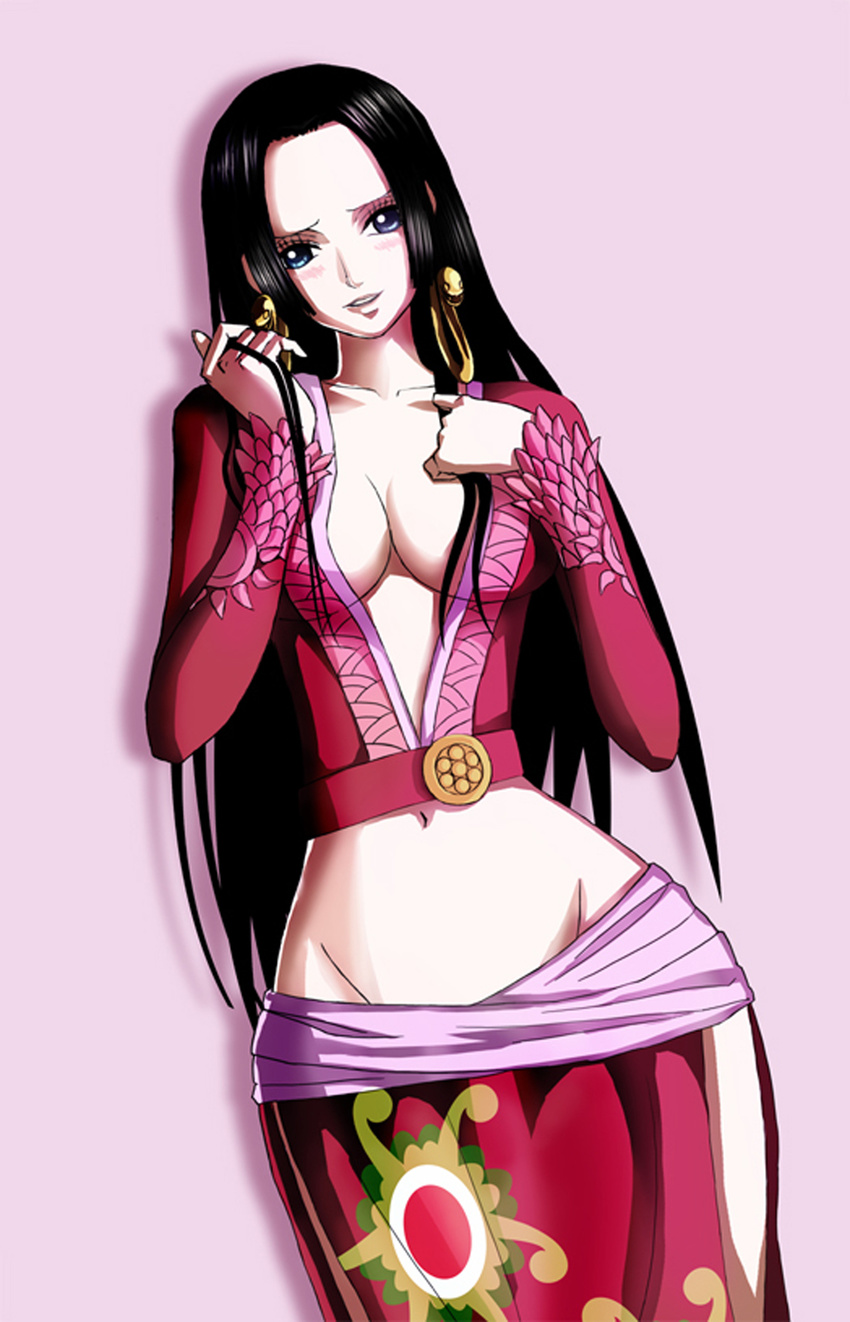 1girl amazon amazon_lily black_hair blue_eyes boa_hancock breasts cleavage earrings female highres jacket jewelry long_hair long_skirt looking_at_viewer navel one_piece red_jacket sash shichibukai side_slit skirt solo