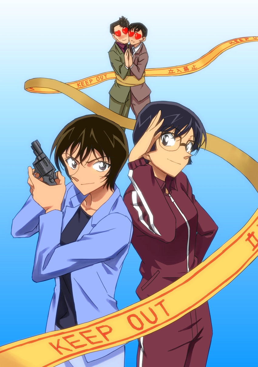 2girls black_hair blue_background brown_eyes brown_hair caution_tape glasses gradient gradient_background grey_eyes gun handgun heart heart_eyes highres kobayashi_sumiko looking_at_another looking_at_viewer meitantei_conan multiple_boys multiple_girls pistol salute satou_miwako shiratori_ninzaburou short_hair suit_jacket takagi_wataru_(meitantei_conan) track_suit weapon wrapped_up yamazaki_(now_printing)