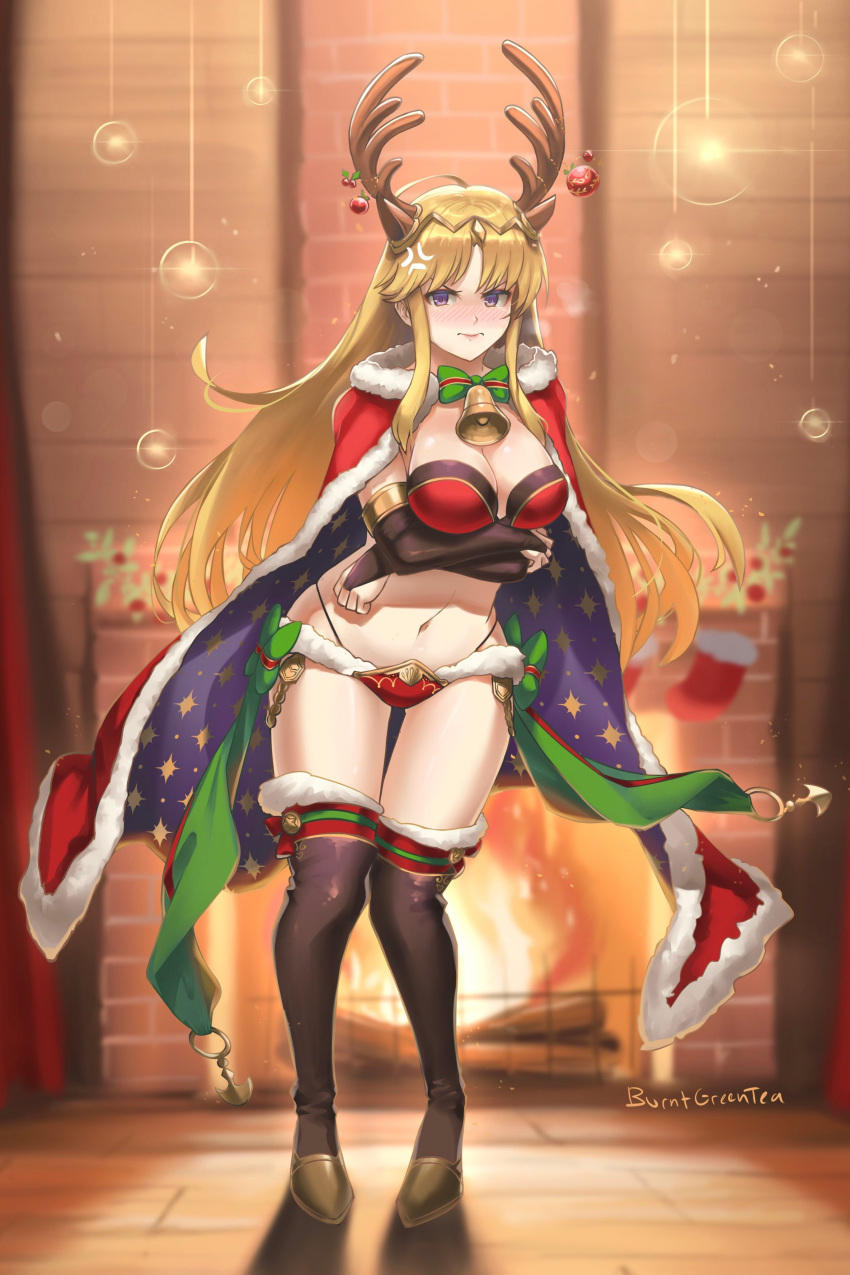 1girl absurdres ahoge alternate_costume anger_vein angry animal_ears ass_visible_through_thighs bangs bell bikini blonde_hair blunt_bangs blurry blurry_background blush breast_hold breasts bridal_gauntlets brown_footwear burnt_green_tea cape chimney christmas christmas_ornaments circlet clarisse_(fire_emblem) cleavage cosplay deer_ears embarrassed eyebrows_hidden_by_hair fake_antlers fire_emblem fire_emblem:_new_mystery_of_the_emblem fire_emblem_heroes fireplace frown fur_trim green_ribbon highleg highleg_bikini highres jingle_bell kneehighs knees_together_feet_apart large_breasts long_hair midriff neck_bell purple_eyes red_bikini red_cape ribbon santa_bikini shadow sidelocks signature skindentation socks solo swimsuit tharja_(fire_emblem) tharja_(fire_emblem)_(cosplay) thigh_gap very_long_hair wooden_floor