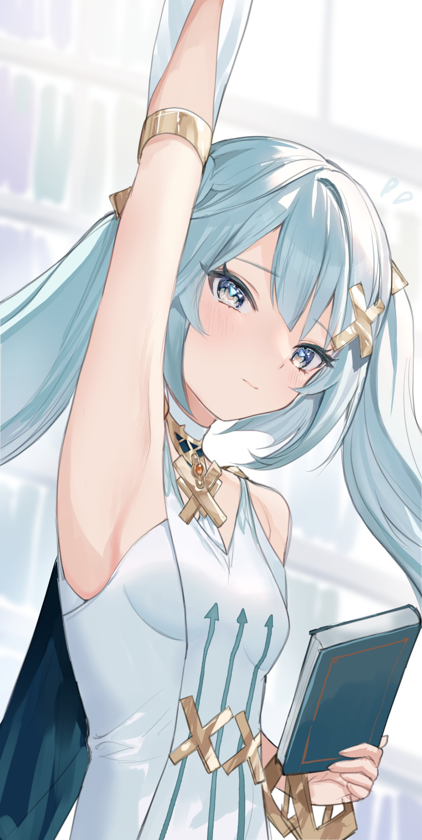 1girl absurdres aqua_hair arm_up armlet armpits bangs blue_eyes blush book bracelet choker commentary dress faruzan_(genshin_impact) flying_sweatdrops genshin_impact hair_ornament highres holding holding_book jewelry long_hair looking_at_viewer outstretched_arm sleeveless sleeveless_dress solo twintails ume_(plumblossom) upper_body white_choker white_dress x_hair_ornament