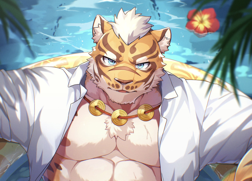 2022 anthro bare_chest blue_eyes clothing deity felid flotation_device fur hi_res lin_hu looking_at_viewer male mammal nekojishi pantherine ponzu_tas solo studio_klondike swimming_pool tiger topwear video_games visual_novel