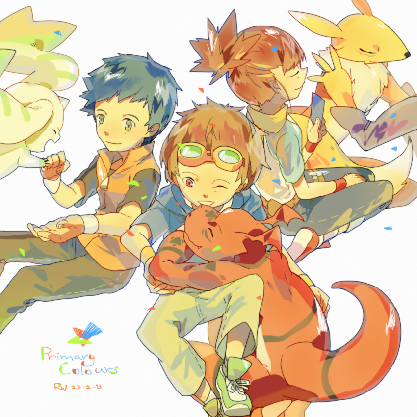 blue_hair closed_eyes denim digimon digimon_(creature) digimon_tamers female_child guilmon highres jeans li_jianliang makino_ruki matsuda_takato multiple_boys one_eye_closed pants reach_(rrrui) renamon simple_background sitting smile terriermon white_background