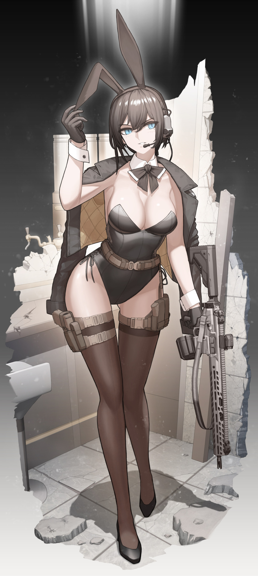 1girl absurdres ammunition_pouch animal_ears belt black_gloves black_thighhighs blue_eyes breasts brown_hair cheogtanbyeong cleavage detached_collar drum_magazine fake_animal_ears full_body glock gloves gun handgun headphones headset high_heels highres holster jacket jacket_on_shoulders large_breasts magazine_(weapon) original playboy_bunny pouch scope short_hair sig_sauer_mcx smile solo tactical_playboy_bunny thigh_holster thigh_pouch thighhighs weapon wrist_cuffs