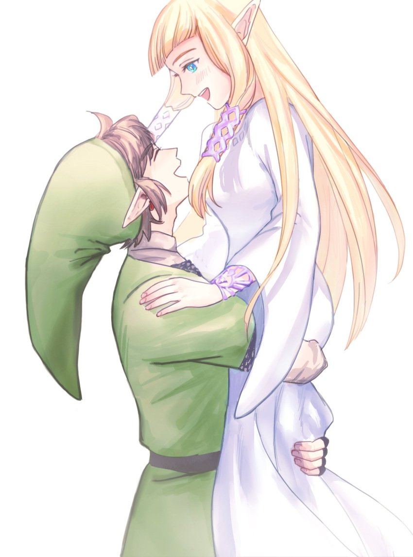 1boy 1girl bangs blonde_hair blue_eyes blunt_bangs blush bracer brown_hair closed_eyes dress fingerless_gloves gloves green_headwear green_tunic hair_ribbon highres link long_dress long_hair long_sleeves looking_at_another open_mouth pointy_ears pointy_hat princess_zelda ribbon ruya_pim shirt short_hair sidelocks smile the_legend_of_zelda the_legend_of_zelda:_skyward_sword upper_body white_background white_dress white_ribbon white_shirt wide_sleeves