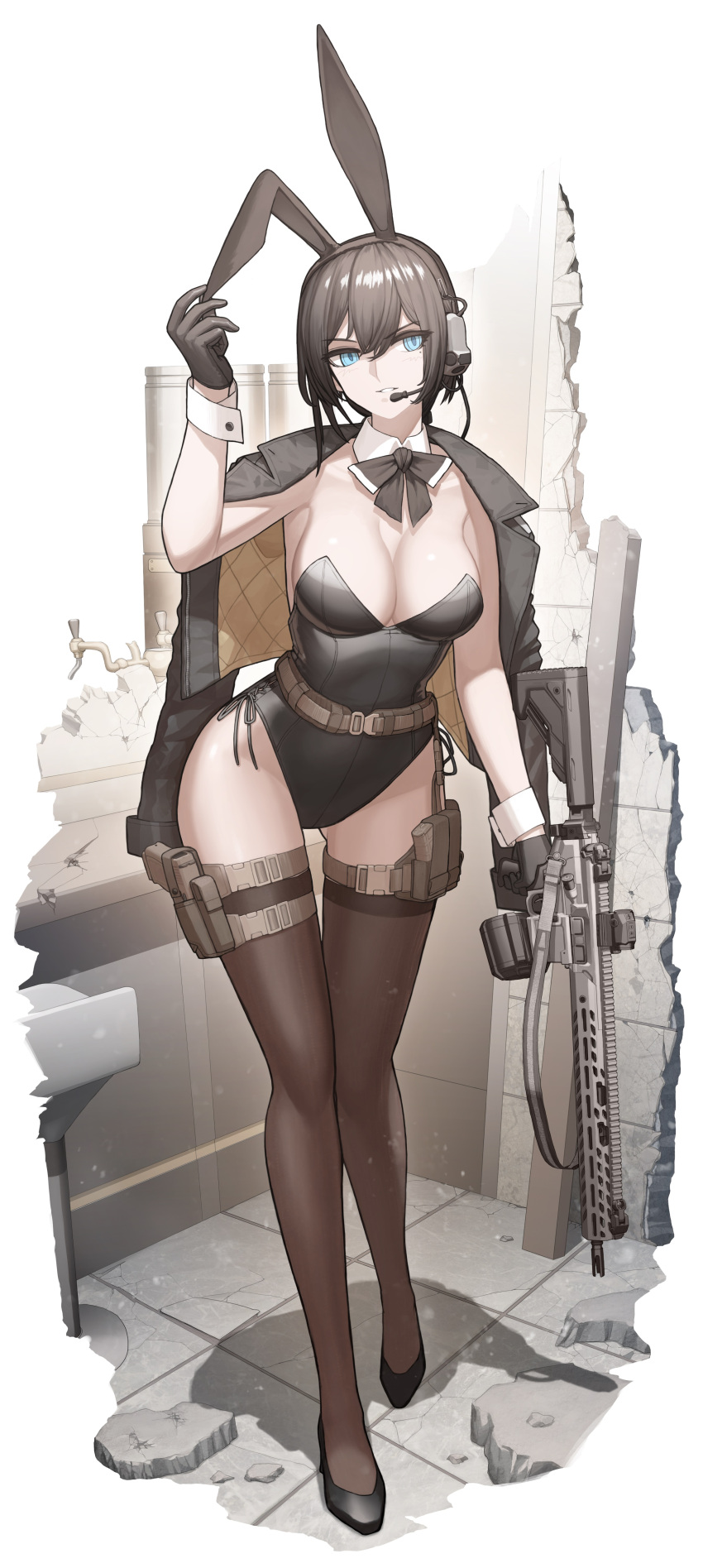 1girl absurdres ammunition_pouch animal_ears belt black_gloves black_thighhighs blue_eyes breasts brown_hair cheogtanbyeong cleavage detached_collar drum_magazine fake_animal_ears full_body glock gloves gun handgun headphones headset high_heels highres holster jacket jacket_on_shoulders large_breasts magazine_(weapon) original playboy_bunny pouch scope short_hair sig_sauer_mcx simple_background smile solo tactical_playboy_bunny thigh_holster thigh_pouch thighhighs weapon white_background wrist_cuffs