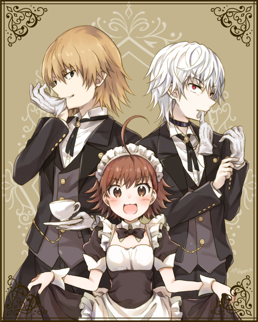 1girl 2boys :3 :d accelerator_(toaru_majutsu_no_index) adjusting_clothes adjusting_gloves age_difference ahoge albino alternate_costume apron artist_name bangs biting black_bow black_bowtie black_choker black_dress black_eyes black_jacket black_pants blush bob_cut bolo_tie border bow bowtie breasts brown_background brown_eyes brown_hair butler choker collar commentary constricted_pupils cowboy_shot cup curtsey detached_collar dress excited formal frilled_apron frilled_hairband frills glove_biting glove_in_mouth gloves grey_vest hairband height_difference highres holding holding_cup holding_saucer jacket kakine_teitoku last_order_(toaru_majutsu_no_index) light_brown_hair looking_at_viewer looking_to_the_side maid maid_headdress mouth_hold multiple_boys open_mouth pants puffy_short_sleeves puffy_sleeves putting_on_gloves red_eyes sanpaku saucer short_hair short_sleeves signature small_breasts smile suit suit_jacket tachitsu_teto teacup toaru_kagaku_no_railgun toaru_majutsu_no_index twitter_username upper_body vest waist_apron waistcoat waiter waitress white_apron white_collar white_gloves white_hair wrist_cuffs