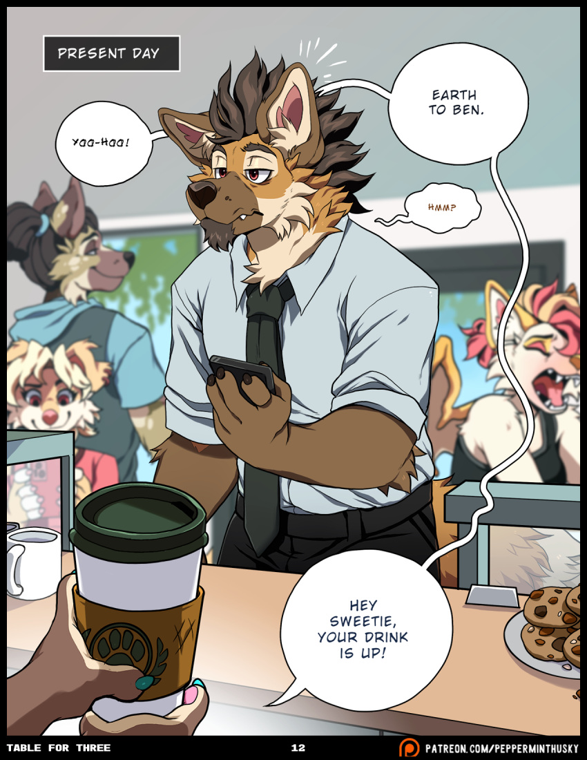 anthro ben_(roanoak) beverage brown_hair canid canine canis clothed clothing coffee comic dialogue female group hair hi_res male mammal maned_wolf necktie red_eyes roanoak solo solo_focus wolf