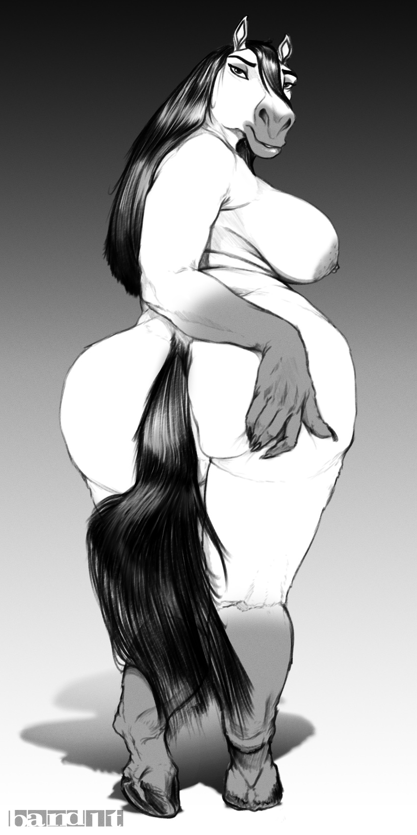 absurd_res anthro areola band1tnsfw bedroom_eyes big_areola big_breasts black_and_white breasts butt butt_grab crossgender digital_drawing_(artwork) digital_media_(artwork) dreamworks equid equine eyelashes eyeshadow female hair hand_on_butt hi_res hooves horse long_hair long_tail looking_at_viewer looking_back looking_back_at_viewer makeup mammal monochrome narrowed_eyes pinup portrait pose seductive shaded simple_background simple_shading solo spirit:_stallion_of_the_cimarron spirit_(cimarron) thick_thighs