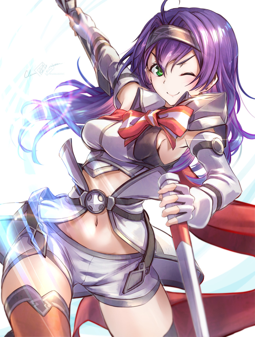 1girl absurdres ahoge black_hairband blue_hair breasts clear_glass_(mildmild1311) cowboy_shot fingerless_gloves fire_emblem fire_emblem:_path_of_radiance fire_emblem:_radiant_dawn fire_emblem_heroes gloves green_eyes hairband highres holding holding_sheath holding_sword holding_weapon looking_at_viewer medium_breasts mia_(fire_emblem) midriff navel official_alternate_costume one_eye_closed orange_thighhighs purple_hair red_scarf scarf sheath short_shorts shorts sideboob signature simple_background solo sword tank_top thighhighs twitter_username unsheathed weapon white_background white_gloves white_shorts
