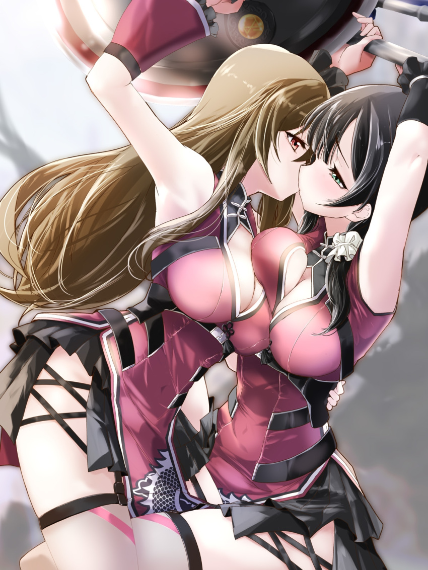 2girls arm_around_waist arm_up armpits arms_up assault_lily asymmetrical_docking bangs belt black_belt black_hair black_ribbon black_skirt blunt_bangs breast_press breasts chest_belt chinese_clothes cleavage cleavage_cutout closed_mouth clothing_cutout commentary_request covered_navel cowboy_shot detached_sleeves dragon_print dress eye_contact face-to-face flower_knot frilled_sleeves frills garter_straps gradient gradient_background green_eyes grey_background grey_thighhighs hair_ornament hair_over_shoulder hair_ribbon hair_scrunchie half-closed_eyes hand_on_another's_back highres holding holding_shield holding_weapon kiss kuo_shenlin large_breasts leg_between_thighs light_blush light_brown_hair long_hair looking_at_another low_ponytail miniskirt multiple_girls official_alternate_costume pelvic_curtain pleated_skirt print_dress profile raised_eyebrows red_dress red_eyes ribbon scrunchie shield short_sleeves side_ponytail side_slit sidelocks skirt skirt_under_dress sleeveless sleeveless_dress snap-fit_buckle tassel thighhighs underbust urutsu_sahari very_long_hair wang_yujia weapon white_scrunchie yuri