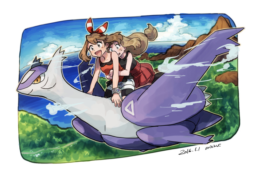 2girls :d bangs bare_arms bike_shorts bike_shorts_under_shorts black_shirt border bracelet brown_hair cloud commentary_request dated day elizabeth_(tomas21) grey_eyes hug hug_from_behind jewelry latias long_hair may_(pokemon) mega_latias mega_pokemon multiple_girls open_mouth outdoors pleated_skirt pokemon pokemon_(creature) pokemon_(game) pokemon_oras pokemon_xy red_skirt riding riding_pokemon serena_(pokemon) shirt shorts sitting skirt sky sleeveless sleeveless_shirt smile white_border white_shorts