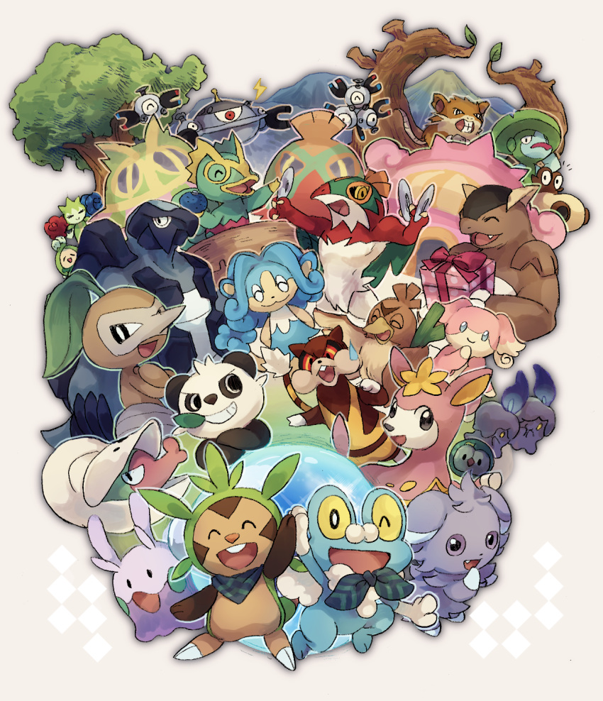 :3 :d ^_^ audino bow box budew carracosta chespin closed_eyes closed_mouth commentary_request deerling elizabeth_(tomas21) espurr fang farfetch'd froakie fushigi_no_dungeon gift gift_box goomy grin hawlucha highres hippopotas holding kangaskhan kecleon leaf litwick lombre magnemite magnezone nuzleaf open_mouth pancham panpour pokemon pokemon_(game) pokemon_mystery_dungeon polka_dot raticate red_bow roselia_(pokemon) shelmet smile solosis teeth tongue tree watchog