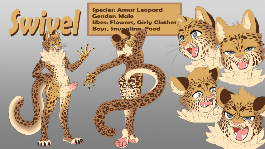 16:9 amur_leopard anthro balls biped butt claws clothing countershade_butt countershade_face countershade_feet countershade_fur countershade_legs countershade_tail countershade_torso countershading english_text erection feet felid foreskin fur fur_tuft genitals glans hat headgear headwear hi_res humanoid_genitalia humanoid_penis inner_ear_fluff leopard male mammal model_sheet nakku nude open_mouth pantherine pawpads penis pink_pawpads solo swivel_(swivelleopard) text tuft whiskers widescreen