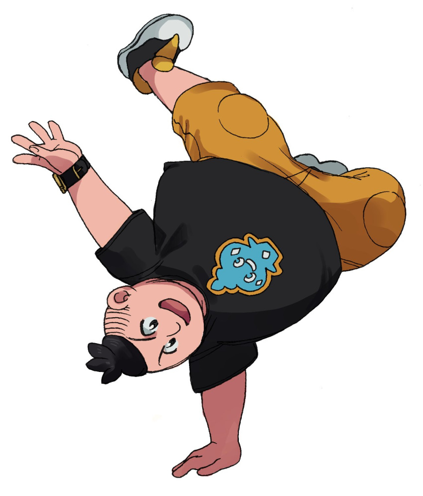 1boy :d black_eyes black_hair black_shirt capri_pants elizabeth_(tomas21) handstand highres male_focus open_mouth pants pokemon pokemon_(game) pokemon_xy shirt shoes short_hair short_sleeves simple_background smile solo spread_legs t-shirt tierno_(pokemon) undercut upside-down watch white_background wristwatch