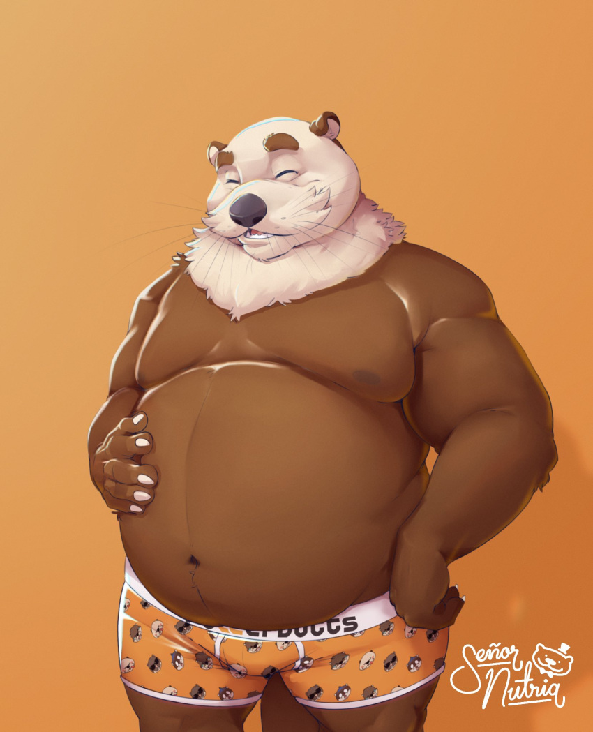 2022 anthro belly big_belly black_nose clothing eyes_closed hi_res humanoid_hands lutrine male mammal mature_male moobs mustelid navel overweight overweight_male rudderbutts skrawl solo underwear