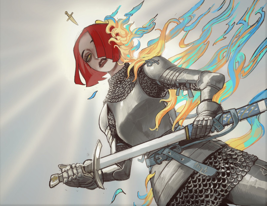 1girl armor bob_cut breastplate burning chainmail copyright_request highres holding holding_sword holding_weapon looking_at_viewer mossacannibalis parted_lips red_hair scabbard sheath solo sword unsheathing weapon yellow_eyes