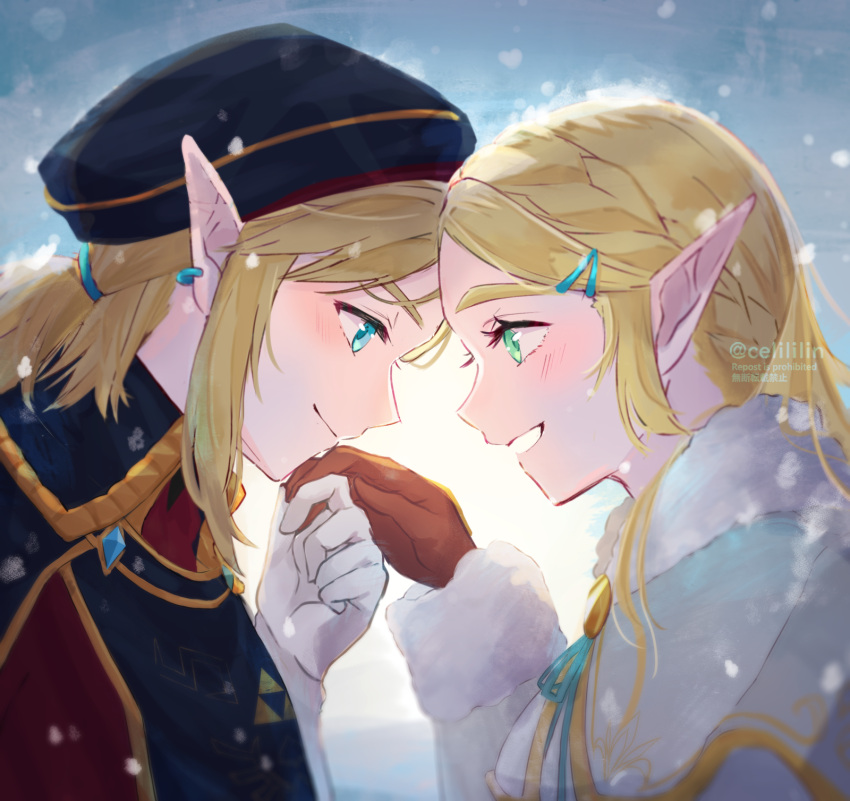 1boy 1girl :d bangs black_headwear blonde_hair braid brown_gloves earrings eye_contact from_side gloves green_eyes hair_ornament hairclip hand_up highres jewelry link long_hair looking_at_another medium_hair pointy_ears princess_zelda seri_(yuukasakura) smile snow the_legend_of_zelda the_legend_of_zelda:_breath_of_the_wild triforce_print watermark white_gloves