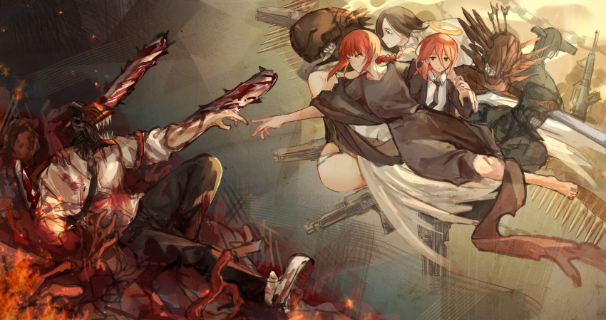 4boys 4girls ammunition_belt angel_devil_(chainsaw_man) arrow_(projectile) assault_rifle bangs barefoot black_coat black_dress black_hair black_jacket black_necktie blood blood_on_clothes blood_on_weapon bomb_devil_(chainsaw_man) braid braided_ponytail chainsaw chainsaw_man coat collared_shirt crossbow_devil_(chainsaw_man) denji_(chainsaw_man) dress fire floating formal greiilock greyscale gun gun_devil_(chainsaw_man) hair_between_eyes halo hand_on_another's_shoulder hat hayakawa_aki highres hybrid jacket katana_man_(chainsaw_man) long_hair looking_at_another looking_away looking_to_the_side makima_(chainsaw_man) medium_hair midair military_hat monochrome multiple_boys multiple_girls necktie nuclear_weapon open_mouth pile_of_corpses prinz_(chainsaw_man) quanxi_(chainsaw_man) reaching red_eyes red_hair reze_(chainsaw_man) rifle sharp_teeth shirt shirt_tucked_in short_hair sidelocks smile suit teeth the_creation_of_adam weapon white_shirt white_wings wings yellow_eyes