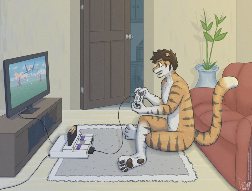 2019 4_toes 5_fingers anthro brown_body brown_eyebrows brown_eyes brown_fur brown_hair brown_pawpads casual_nudity controller countershade_face countershade_torso countershading crossed_legs detailed_background dipstick_tail eyebrows feet felid fingers flat_screen fur furniture gaming hair holding_controller holding_object inside male mammal markings nintendo one_eye_obstructed open_door open_mouth orange_body orange_fur pantherine pawpads plant playing_videogame rug sammfeatblueheart signature sitting sitting_on_ground sofa solo star_fox stripes super_nintendo tail_markings teeth television tiger toes vase video_games white_body white_fur