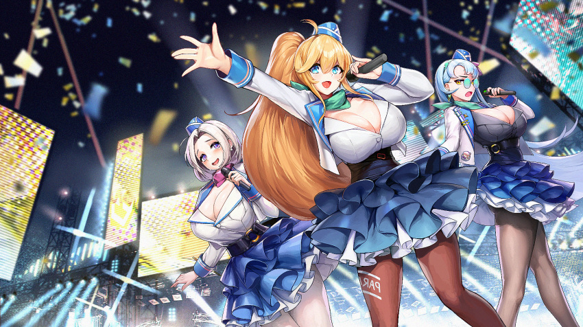 3girls 504_gateway black_pantyhose blonde_hair blue_eyes blue_hair breasts character_request cleavage confetti earrings glasses grey_hair hat highres holding holding_microphone jacket jewelry large_breasts last_origin long_hair looking_at_viewer microphone multiple_girls night open_mouth pantyhose ponytail purple_eyes short_hair sky white_jacket white_pantyhose yellow_eyes