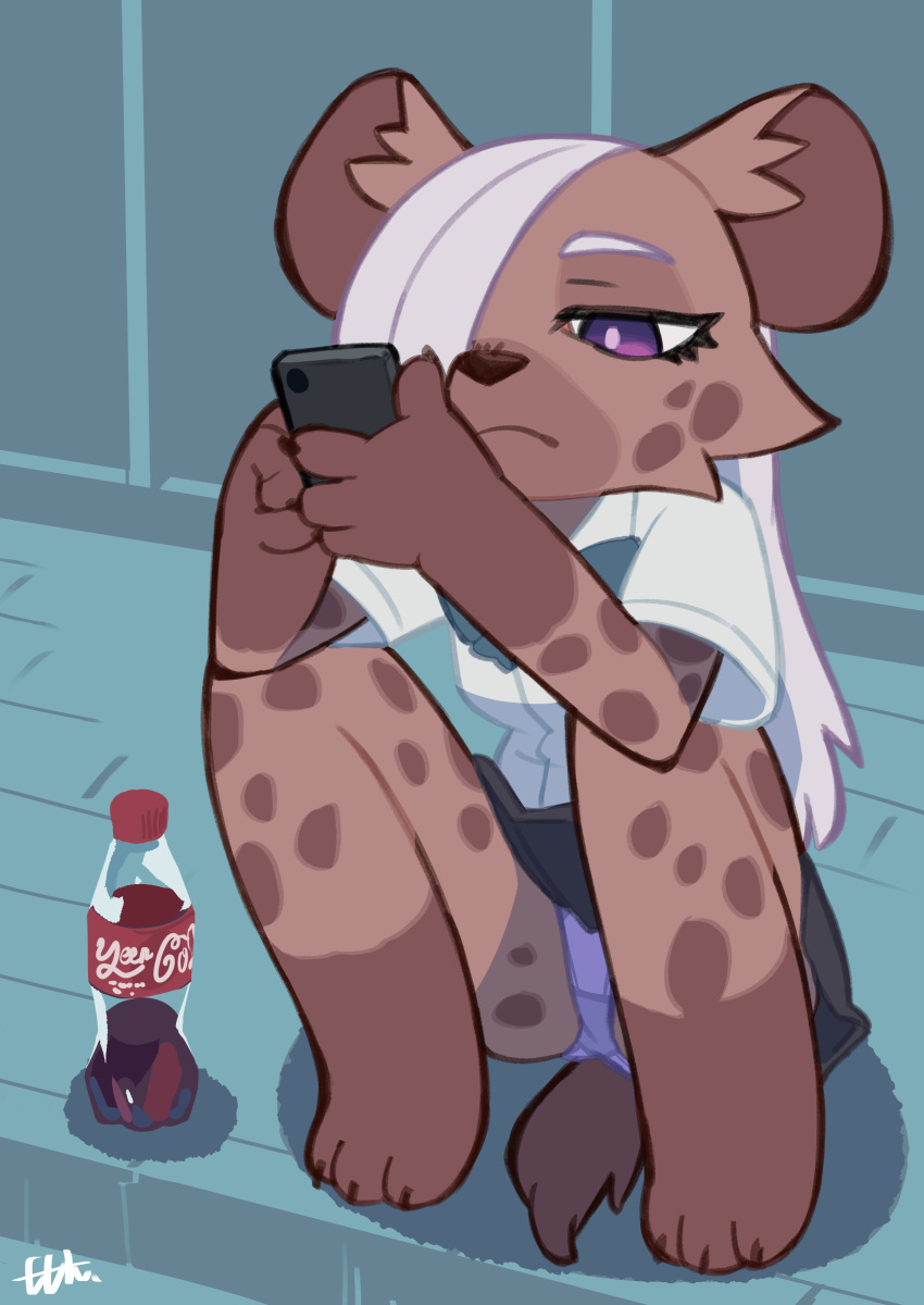 3_toes 4_fingers absurd_res anthro beverage beverage_bottle bottle bottomwear bow_tie breasts butt cellphone cheek_tuft claws clothed clothing coca-cola digital_media_(artwork) facial_tuft feet female fingers frown fur hair hair_over_eye half-closed_eyes hi_res holding_cellphone holding_object holding_phone holding_smartphone hyaenid jk_(kemokin_mania) kemokin_mania mammal narrowed_eyes one_eye_obstructed outside panties phone purple_clothing purple_eyes purple_panties purple_underwear shirt sidewalk sitting skirt smartphone solo spots spotted_hyena toe_claws toes topwear tuft underwear upskirt white_clothing white_shirt white_topwear