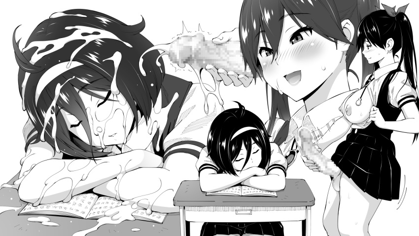 2girls blush breasts breasts_out bukkake censored closed_eyes closed_mouth collared_shirt cum cum_on_body cum_on_hair cum_on_penis desk ejaculation erection facial futa_with_female futanari futanari_masturbation greyscale hair_between_eyes hairband highres large_breasts large_penis long_hair masturbation monochrome mosaic_censoring multiple_girls nipples open_mouth original penis sanagi_torajirou school_desk school_uniform shirt short_sleeves sitting skirt sleeping testicles twintails