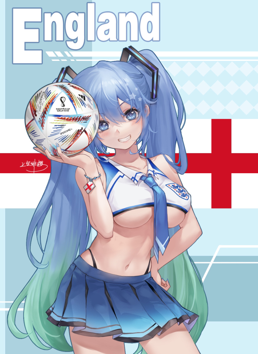 1girl 2022_fifa_world_cup al_rihla blue_eyes blue_hair blue_necktie blue_skirt breasts english_flag english_text hatsune_miku highres jokanhiyou large_breasts long_hair miniskirt necktie shirt skirt smile solo star_(symbol) twintails underboob very_long_hair vocaloid white_shirt world_cup