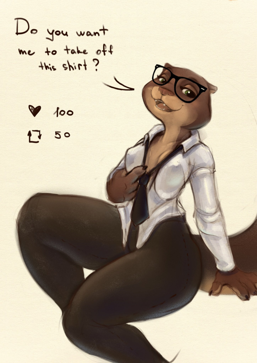 5_fingers anthro breasts brown_body brown_fur cleavage clothed clothing dialogue disney eyewear fangs female fingers fur glasses green_eyes hi_res looking_at_viewer loose_necktie lutrine mammal multicolored_body multicolored_fur mustelid necktie sam_(zootopia+) sharp_teeth shirt smile solo tan_body tan_fur teeth thick_thighs topwear two_tone_body two_tone_fur whiskers white_clothing white_shirt white_topwear wide_hips yora zootopia zootopia+