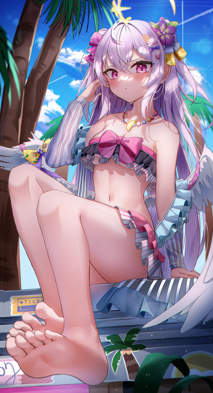 &gt;:( 1girl absurdres ahoge arms_at_sides azusa_(blue_archive) bangs bare_shoulders barefoot beach bikini blue_archive blue_sky blurry blurry_foreground blush bow bowtie breasts cleavage closed_mouth cloud crossed_bangs day detached_sleeves dot_mouth dot_nose feet flower frilled_bikini frills full_body grey_bikini hair_flower hair_ornament hairclip hand_in_own_hair highres jewelry li_se looking_at_viewer medium_breasts navel necklace outdoors palm_tree pink_bow pink_eyes pink_hair purple_flower sidelocks single_detached_sleeve sitting sky solo swimsuit tree v-shaped_eyebrows white_wings wings