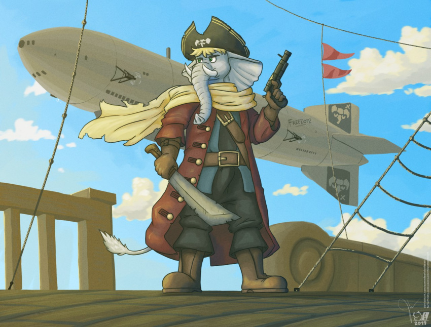 2019 5_fingers aircraft airship anthro black_bottomwear black_clothing black_pants blonde_hair blue_clothing blue_sky boots bottomwear brown_belt brown_boots brown_clothing brown_eyebrows brown_footwear clothing cloud detailed_background elephant elephantid eyebrows fingers footwear green_eyes grey_body grey_skin gun hair holding_gun holding_object holding_sword holding_weapon looking_away male mammal melee_weapon narrowed_eyes obscured_mouth pants pirate pirate_hat proboscidean ranged_weapon red_clothing red_flag rigging rope sammfeatblueheart scar shaded signature sky solo sword tail_tuft tuft weapon white_tusks