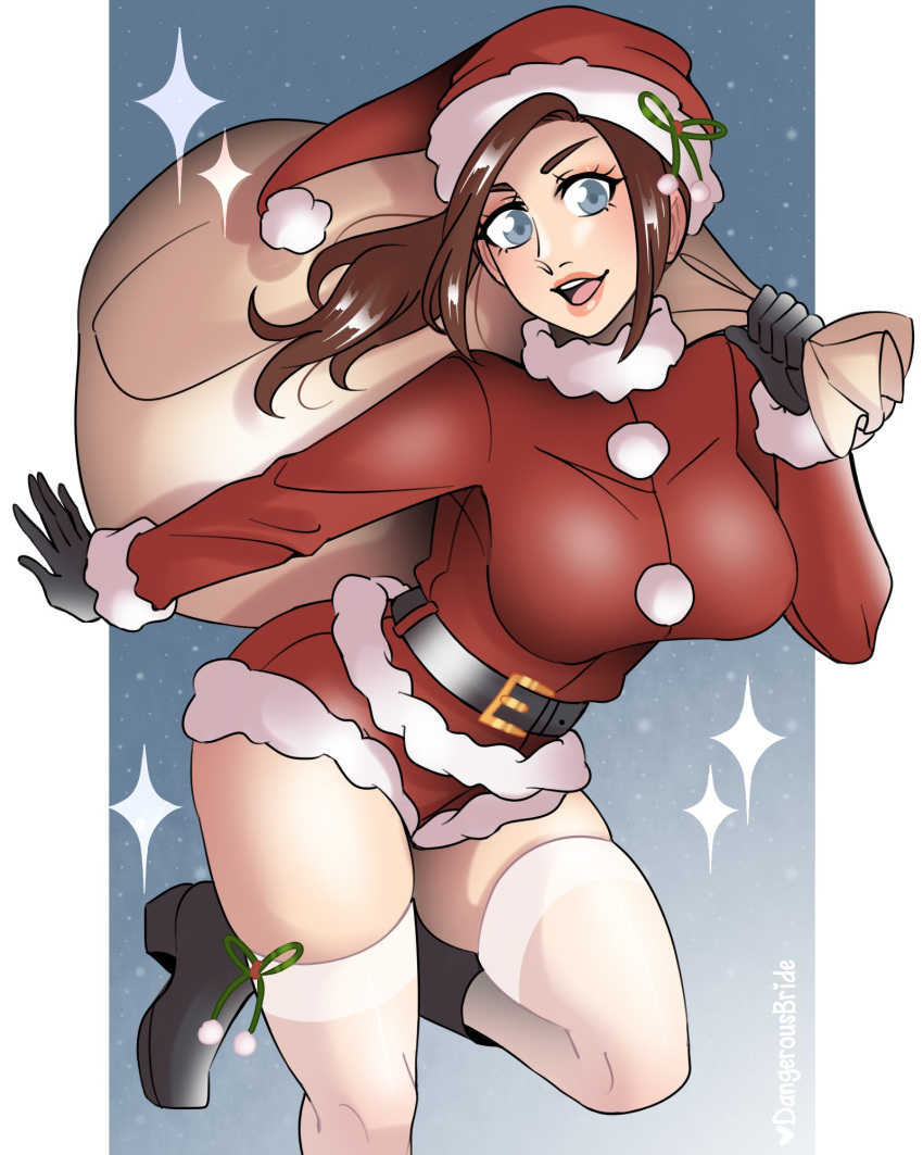 1girl belt blue_eyes blush breasts brown_hair christmas claire_redfield dangerousbride fur_trim gift gloves hat highres large_breasts long_hair looking_at_viewer resident_evil resident_evil_2 resident_evil_2_(remake) sack santa_costume santa_hat simple_background smile solo