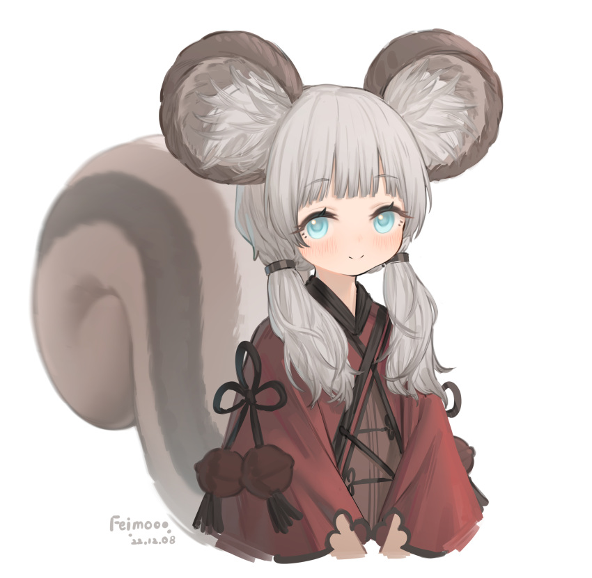 1girl absurdres animal_ear_fluff animal_ears artist_name blade_&amp;_soul blue_eyes blush grey_hair highres japanese_clothes kimono koebushi_(mat) long_hair low_twintails lyn_(blade_&amp;_soul) red_kimono simple_background smile solo squirrel_ears squirrel_girl squirrel_tail tail twintails upper_body white_background