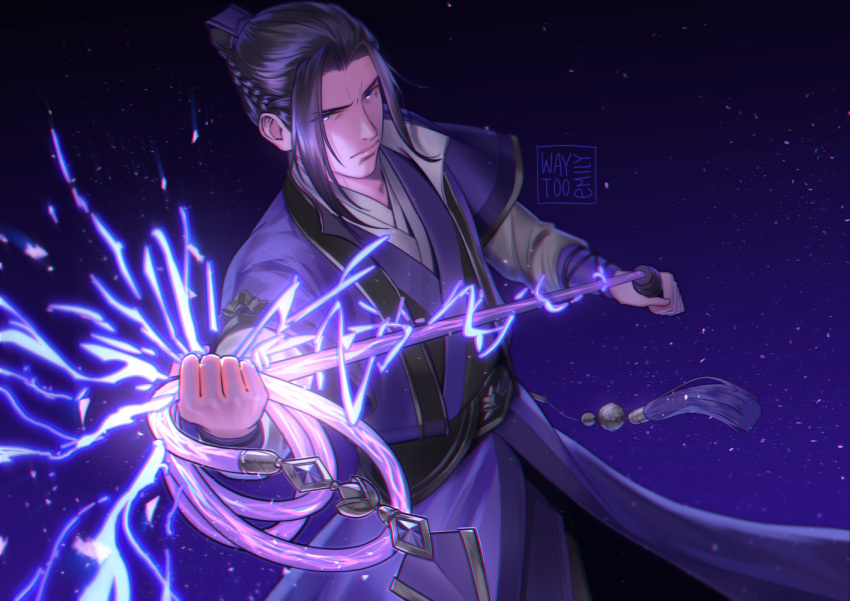 1boy black_hair braid chinese_clothes closed_mouth commentary_request cowboy_shot dark_background dutch_angle hair_bun hair_intakes hanfu holding holding_weapon holding_whip jiang_cheng lightning looking_at_viewer magic male_focus mo_dao_zu_shi purple_background purple_eyes robe sash serious simple_background single_hair_bun solo tassel watermark waytooemily weapon whip