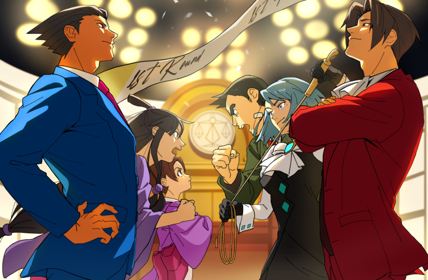 3boys 3girls ace_attorney ascot black_gloves black_hair black_skirt black_vest blue_eyes blue_hair blue_jacket blue_pants brown_eyes brown_hair closed_mouth collared_shirt confrontation courtroom dick_gumshoe formal franziska_von_karma gem gloves grey_eyes grey_hair hair_intakes hair_ornament hair_rings half_updo hanten_(clothes) holding indoors jacket japanese_clothes juliet_sleeves kimono long_hair long_sleeves looking_at_another maya_fey miles_edgeworth mole mole_under_eye multiple_boys multiple_girls open_mouth opposing_sides pants pearl_fey pencil_skirt phoenix_wright pink_sash puffy_sleeves purple_jacket red_jacket red_suit roku_(bb8800xx) sash shirt short_hair sidelocks skirt smile spiked_hair standing suit vest vest_over_shirt whip white_shirt