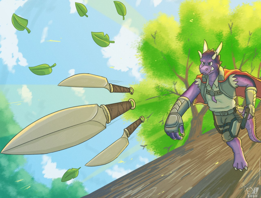 2020 3_toes 4_fingers 4_horns anthro barefoot blue_sky bottomwear claws clothing cloud detailed_background feet fingerless_gloves fingers gloves gun handwear holding_gun holding_object holding_weapon horn kobold leaf looking_angry male motion_lines multi_horn narrowed_eyes perspective plant purple_body purple_eyes purple_scales purple_skin ranged_weapon red_cape running sammfeatblueheart scales shaded shirt shorts signature sky solo tan_bottomwear tan_clothing tan_gloves tan_handwear tan_shorts thigh_pads throwing_knife throwing_object toes topwear torn_clothing torn_shirt torn_topwear tree weapon white_claws white_horn